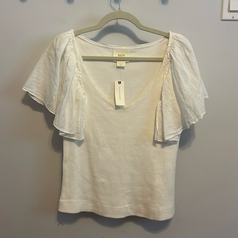 NWT Maeve Anthro White Flutter Sleeve Top M